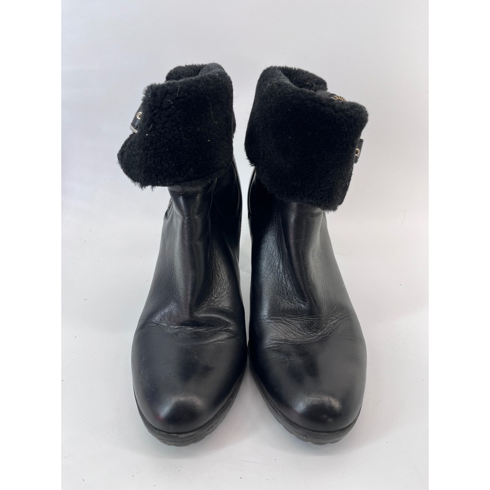 Anne Klein Black Leather Faux Fur Cuff Ankle Boots Heel 8.5M Classy Alchemist
